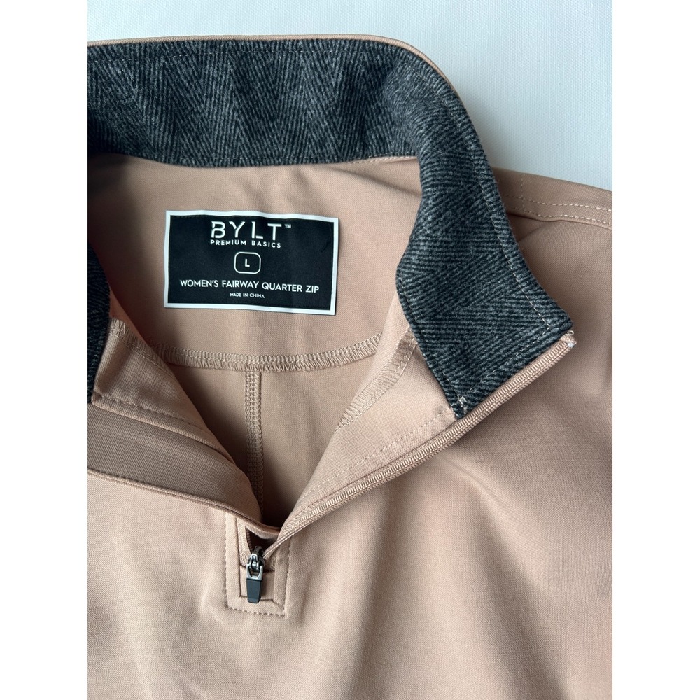 BYLT Basics Women's Quarter Zip Pullover with Charcoal Trim in Beige Tan